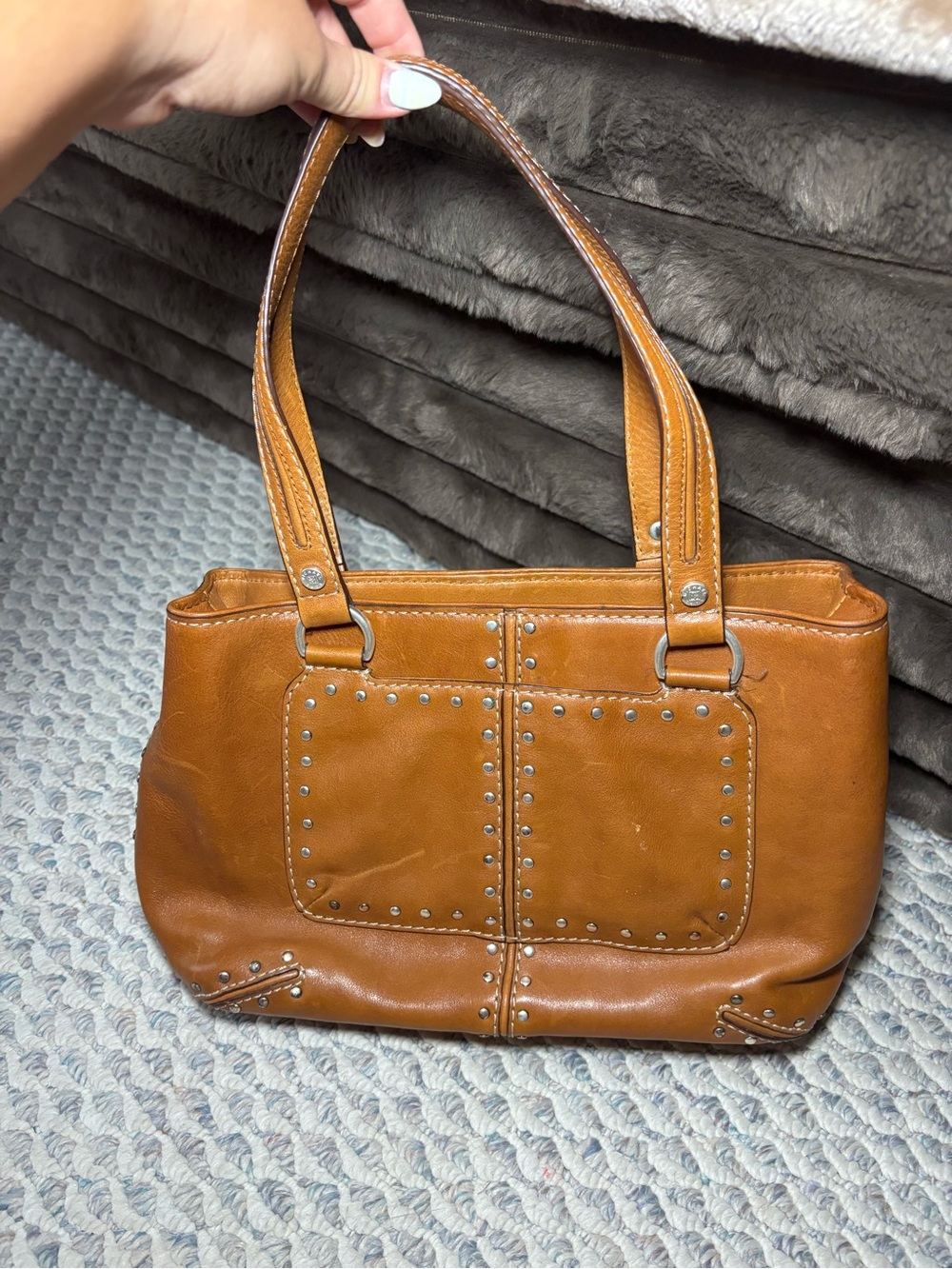 Women's Micheal Kors Brown Leather Studded Shoulder Top Handle Bag with silver